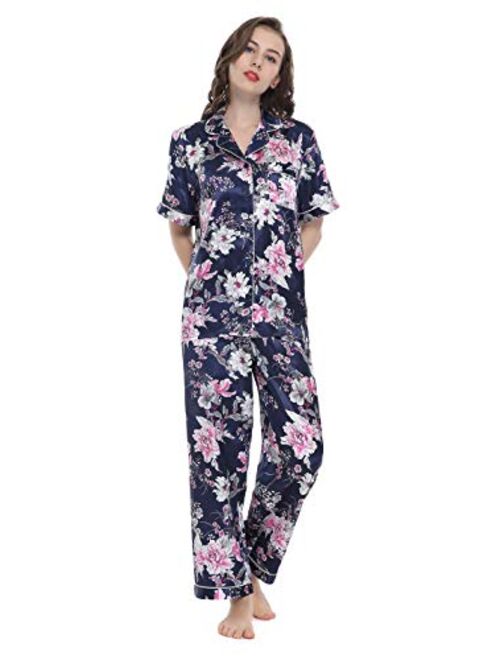 Lavenderi Women's Short Sleeve Classtic Satin Pajama Set