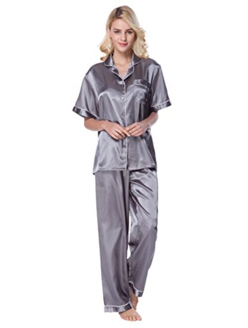 Lavenderi Women's Short Sleeve Classtic Satin Pajama Set