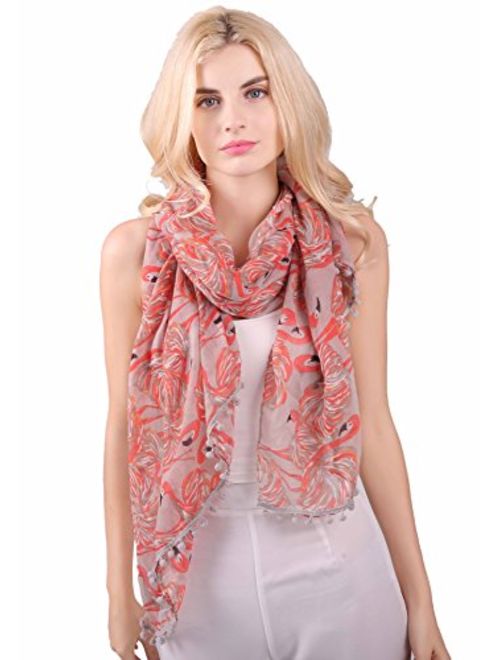 MissShorthair Flamingo Print Scarf with Tassels for Women