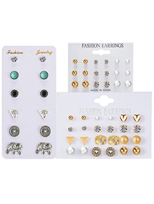 TOODOO 27 Pairs Multiple Stud Earrings Set Cute Vintage Earrings for Girls Women Men