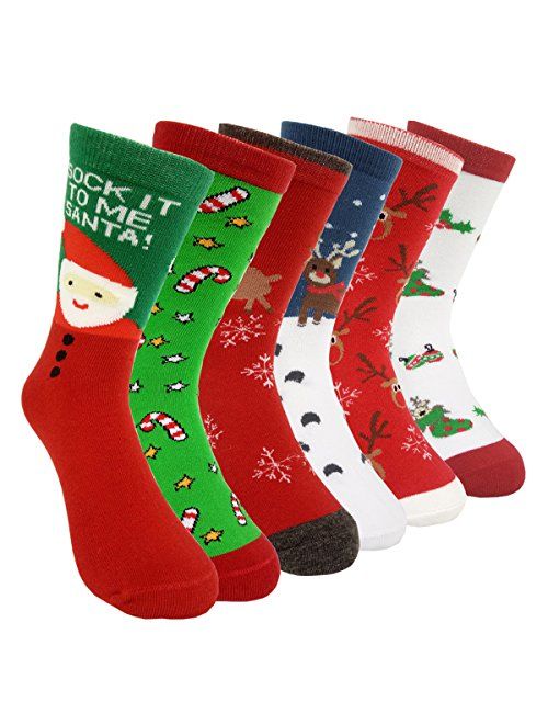 Womens Christmas Holiday Casual Socks - HSELL 6 Pairs Colorful Fun Cotton Crew Socks for Novelty Gifts