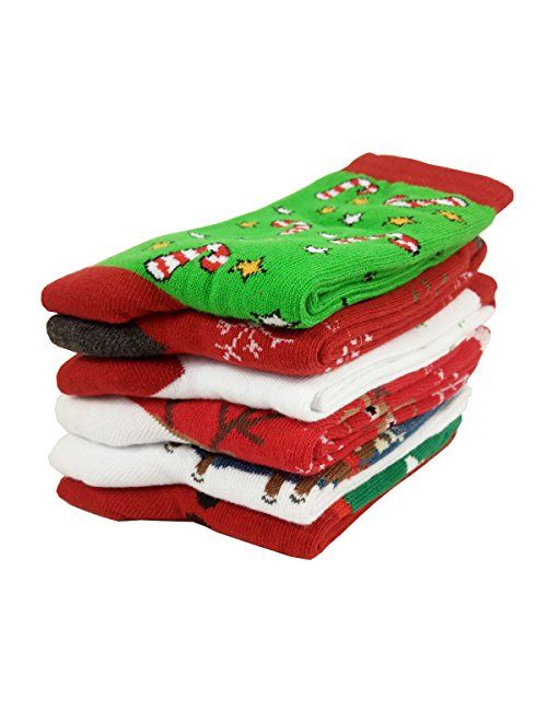 Womens Christmas Holiday Casual Socks - HSELL 6 Pairs Colorful Fun Cotton Crew Socks for Novelty Gifts