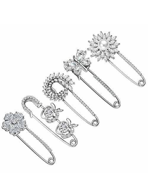 Top Plaza Pack of 5 Women Fashion Rhinstone Crystal Accented Golden Safety Pin Jewelry Brooch Breastpin - Catch Scarf,Lapel or Collar