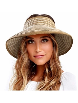 Sun Visor Hats for Women Wide Brim Straw Roll Up Ponytail Summer Beach Hat UV UPF 50 Packable Foldable Travel FURTALK