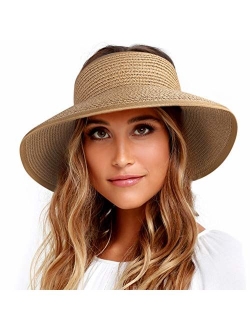 Sun Visor Hats for Women Wide Brim Straw Roll Up Ponytail Summer Beach Hat UV UPF 50 Packable Foldable Travel FURTALK