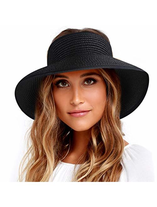 Sun Visor Hats for Women Wide Brim Straw Roll Up Ponytail Summer Beach Hat UV UPF 50 Packable Foldable Travel FURTALK