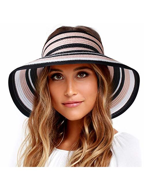 Sun Visor Hats for Women Wide Brim Straw Roll Up Ponytail Summer Beach Hat UV UPF 50 Packable Foldable Travel FURTALK