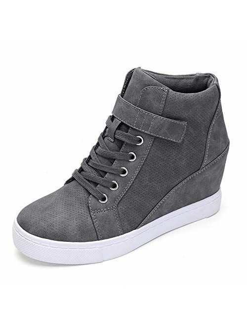 Athlefit Women's Lace Up Wedge Sneakers High Top Fashion Sneakers Ankle Booties