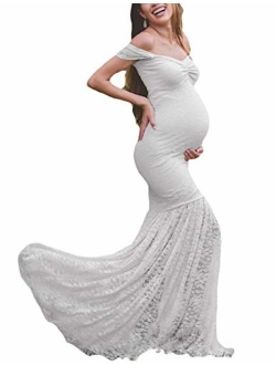 JustVH Maternity Off Shoulder Ruffle Sleeve Lace Wedding Gown Maxi Photography Dress for Photo Shoot Dress