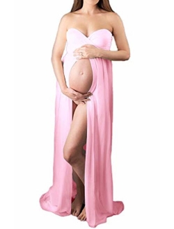 Hopeverl Maternity Split Front Sheer Chiffon Maternity Gown Maxi Bridesmaid Dress for Photos Shoot