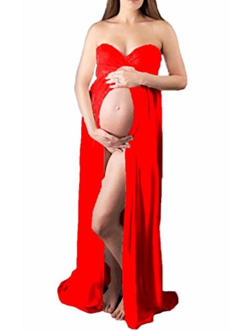 Hopeverl Maternity Split Front Sheer Chiffon Maternity Gown Maxi Bridesmaid Dress for Photos Shoot