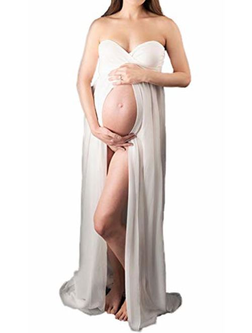 Hopeverl Maternity Split Front Sheer Chiffon Maternity Gown Maxi Bridesmaid Dress for Photos Shoot