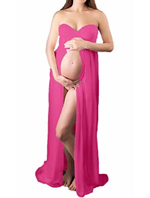 Hopeverl Maternity Split Front Sheer Chiffon Maternity Gown Maxi Bridesmaid Dress for Photos Shoot