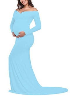 JustVH Maternity Elegant Fitted Maternity Gown Long Sleeve Cross-Front V Neck Slim Maxi Photography Dress for Photoshoot