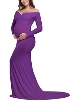 JustVH Maternity Elegant Fitted Maternity Gown Long Sleeve Cross-Front V Neck Slim Maxi Photography Dress for Photoshoot