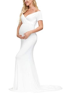 JustVH Maternity Elegant Fitted Maternity Gown Long Sleeve Cross-Front V Neck Slim Maxi Photography Dress for Photoshoot