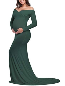 JustVH Maternity Elegant Fitted Maternity Gown Long Sleeve Cross-Front V Neck Slim Maxi Photography Dress for Photoshoot