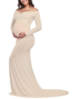 JustVH Maternity Elegant Fitted Maternity Gown Long Sleeve Cross-Front V Neck Slim Maxi Photography Dress for Photoshoot