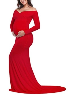 JustVH Maternity Elegant Fitted Maternity Gown Long Sleeve Cross-Front V Neck Slim Maxi Photography Dress for Photoshoot