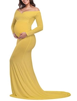 JustVH Maternity Elegant Fitted Maternity Gown Long Sleeve Cross-Front V Neck Slim Maxi Photography Dress for Photoshoot