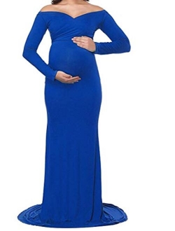 JustVH Maternity Elegant Fitted Maternity Gown Long Sleeve Cross-Front V Neck Slim Maxi Photography Dress for Photoshoot