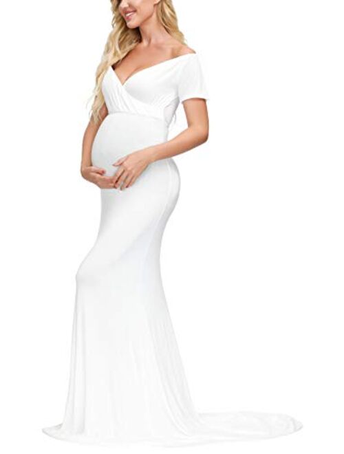 JustVH Maternity Elegant Fitted Maternity Gown Long Sleeve Cross-Front V Neck Slim Maxi Photography Dress for Photoshoot