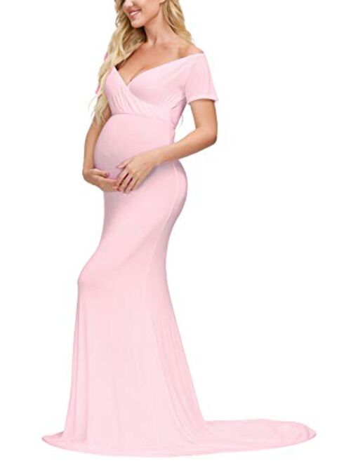 JustVH Maternity Elegant Fitted Maternity Gown Long Sleeve Cross-Front V Neck Slim Maxi Photography Dress for Photoshoot