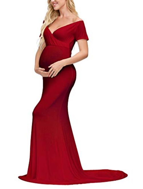 JustVH Maternity Elegant Fitted Maternity Gown Long Sleeve Cross-Front V Neck Slim Maxi Photography Dress for Photoshoot