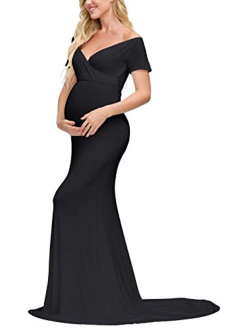 JustVH Maternity Elegant Fitted Maternity Gown Long Sleeve Cross-Front V Neck Slim Maxi Photography Dress for Photoshoot