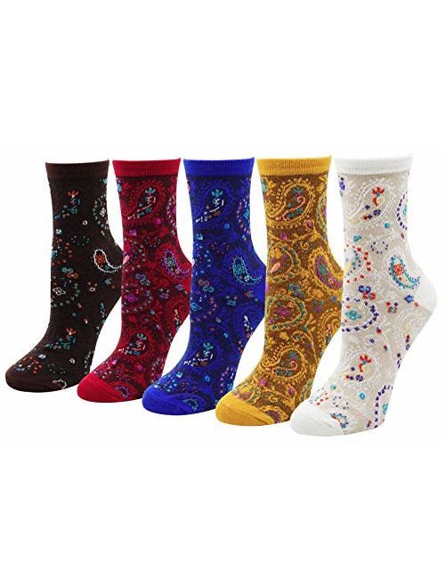 Bellady Women Lady's 5 Pair Bohemian Vintage Style Cotton Crew Socks