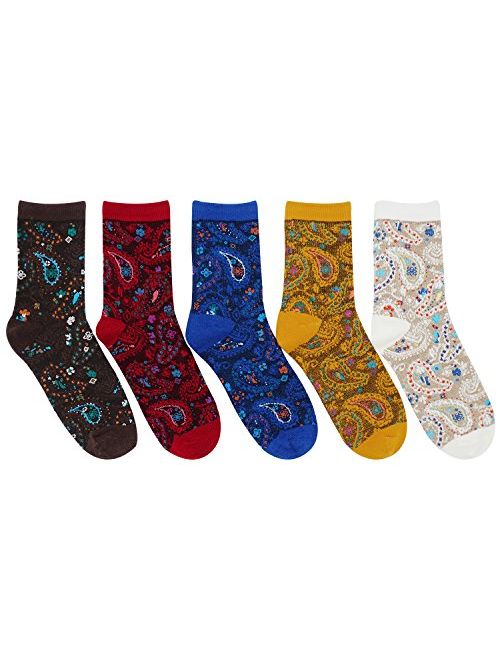 Bellady Women Lady's 5 Pair Bohemian Vintage Style Cotton Crew Socks