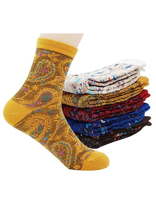 Bellady Women Lady's 5 Pair Bohemian Vintage Style Cotton Crew Socks