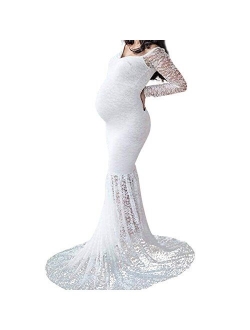 Mermaid Women's Off Shoulder V Neck Long Sleeve Lace Maternity Gown Maxi Photography Dress Baby Shower Photo Shoot