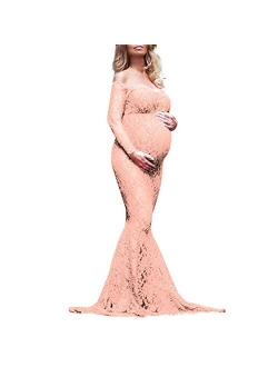 Mermaid Women's Off Shoulder V Neck Long Sleeve Lace Maternity Gown Maxi Photography Dress Baby Shower Photo Shoot