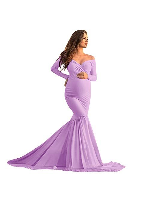 Mermaid Women's Off Shoulder V Neck Long Sleeve Lace Maternity Gown Maxi Photography Dress Baby Shower Photo Shoot