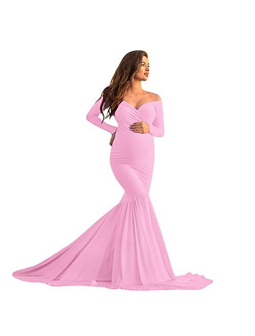 Mermaid Women's Off Shoulder V Neck Long Sleeve Lace Maternity Gown Maxi Photography Dress Baby Shower Photo Shoot