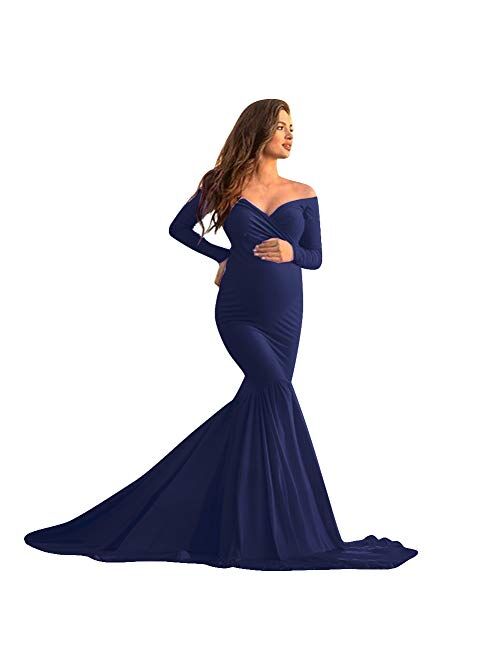 Mermaid Women's Off Shoulder V Neck Long Sleeve Lace Maternity Gown Maxi Photography Dress Baby Shower Photo Shoot