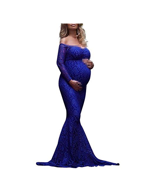 Mermaid Women's Off Shoulder V Neck Long Sleeve Lace Maternity Gown Maxi Photography Dress Baby Shower Photo Shoot