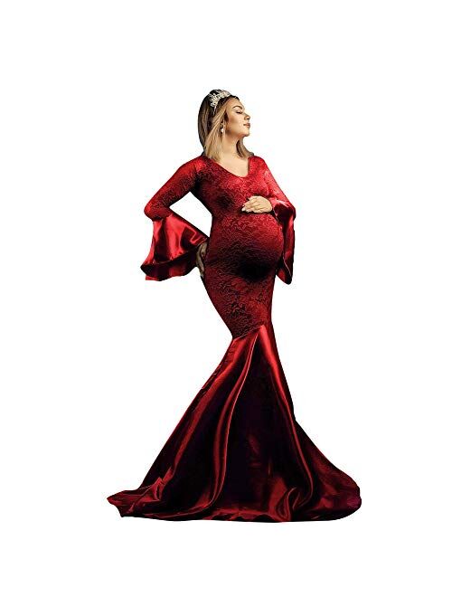 Mermaid Women's Off Shoulder V Neck Long Sleeve Lace Maternity Gown Maxi Photography Dress Baby Shower Photo Shoot