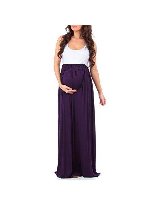 Mother Bee Maternity Sleeveless Ruched Color Block Maxi Maternity Dress