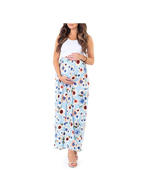 Mother Bee Maternity Sleeveless Ruched Color Block Maxi Maternity Dress