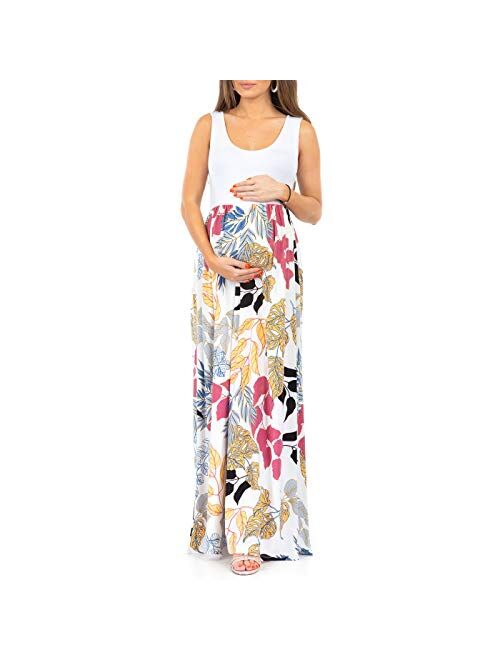 Mother Bee Maternity Sleeveless Ruched Color Block Maxi Maternity Dress