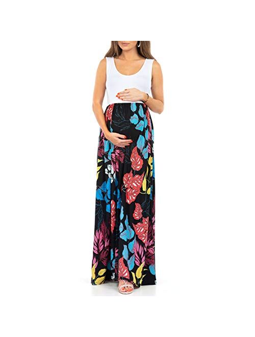 Mother Bee Maternity Sleeveless Ruched Color Block Maxi Maternity Dress