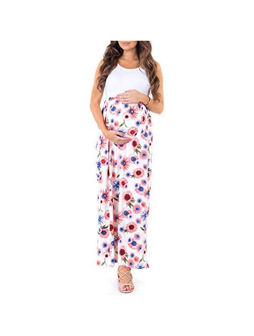 Mother Bee Maternity Sleeveless Ruched Color Block Maxi Maternity Dress