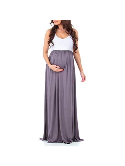 Mother Bee Maternity Sleeveless Ruched Color Block Maxi Maternity Dress