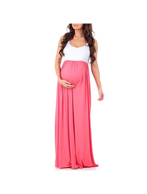 Mother Bee Maternity Sleeveless Ruched Color Block Maxi Maternity Dress