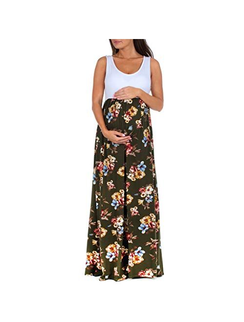 Mother Bee Maternity Sleeveless Ruched Color Block Maxi Maternity Dress