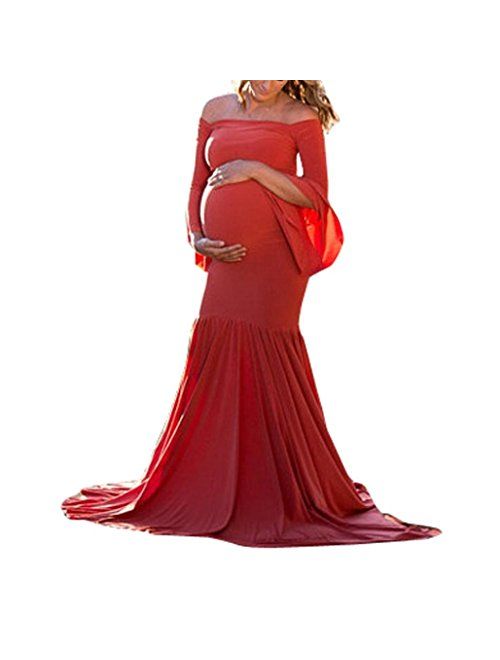 Gocheaper Pregnants Maternity Dresse,Women Ruffled Trailing Dress Photography Skirt Sexy Off Shoulders Long Dress