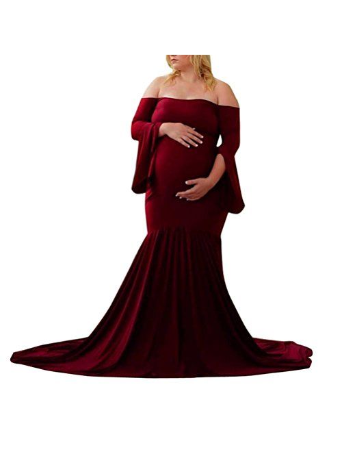 Gocheaper Pregnants Maternity Dresse,Women Ruffled Trailing Dress Photography Skirt Sexy Off Shoulders Long Dress