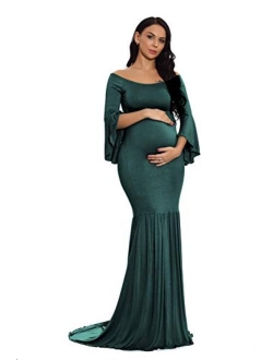 ZIUMUDY Maternity Retro Off Shoulder Flare Sleeves Mermaid Gown Maxi Photography Dress for Baby Shower